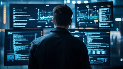 Back View of Young Black Man Walking and Looking at Big Digital Screens Glitching While Displaying Code Lines. Professional Hacker Breaking Through Cybersecurity Protection System, Changing Code