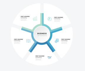 Infographics with colored sections. Flat pie chart with 5 steps, options, parts, processes with thin arrows. Vector business template.