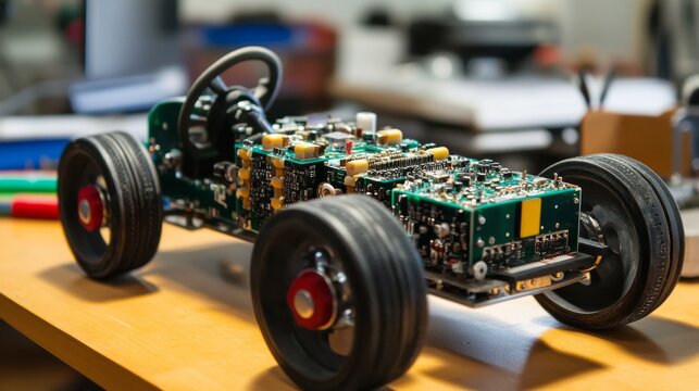 nventive kids learn at home by coding robot cars and electronic board cables in STEM. constructing robot cars at home