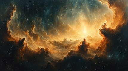 Fototapeta premium Cosmic nebula, golden clouds, starry expanse.