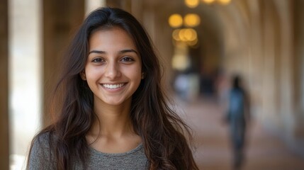 Obraz premium Smiling young woman with long dark hair. Perfect for websites needing diverse, happy faces.