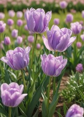 Obraz premium Pastel lilac double tulips swaying gently in a warm sunny field, blooming flowers, spring flowers