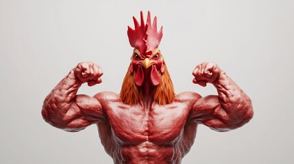 Powerful Rooster Fighter Flexing Muscular Arms in Aggressive Fighting Pose,Symbolizing Physical Strength and Dominance