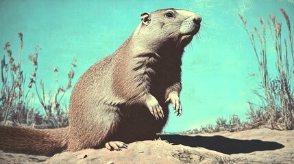 Obraz premium vibrant realistic art of a groundhog casting a shadow under a bright blue sky - perfect as a sporty interior poster or nature-themed decor!