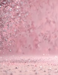Pastel pink background with glittering silver particles, soft focus, gradient fade
