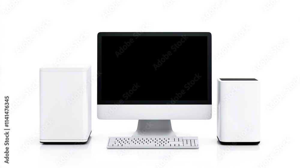 Poster modern desktop computer setup with keyboard and two towers.