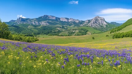 Fototapeta premium Scenic Flowering Meadow with Mountains Under Clear Blue Sky