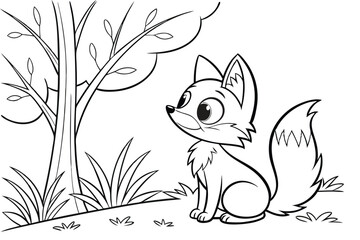 cute kawaii fox, some grass and a tree, coloring book