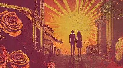 Naklejka premium romantic balcony moments: couple holding hands at sunset in paris surrounded by roses - perfect for a heartwarming poster in your home or cafe decor!