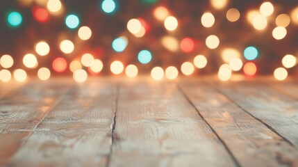 A wooden table sets a joyful holiday scene, glowing with soft, colorful lights that enhance the warmth of togetherness