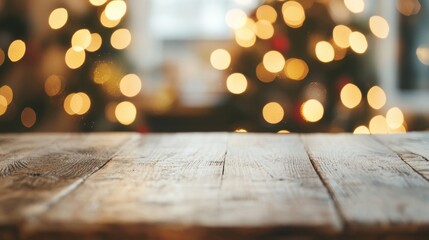 A rustic wooden table stands devoid of items, set against a warm Christmas backdrop filled with twinkling lights and lush green trees