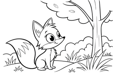 cute kawaii fox, some grass and a tree, coloring book