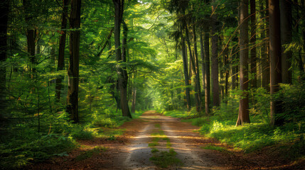 Fototapeta premium A serene forest path surrounded by lush greenery and tall trees invites exploration