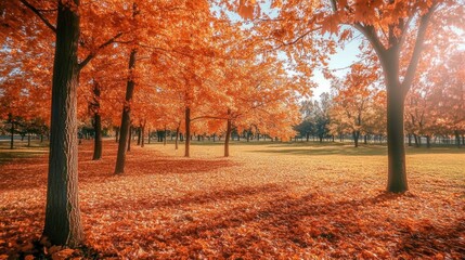 Fototapeta premium A serene autumn landscape with vibrant orange leaves covering the ground.