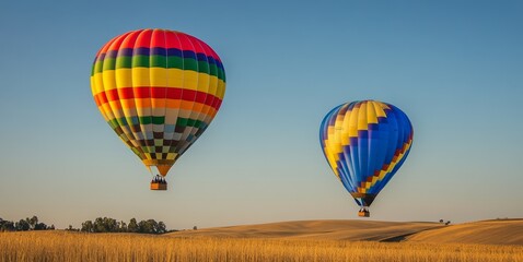 Fototapeta premium Two colorful hot air balloons soaring over a golden field at sunset.
