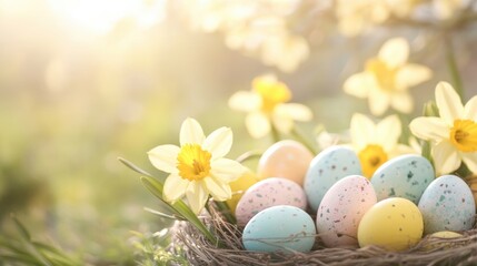 Obraz premium Bright daffodils bloom around a nest brimming with pastel Easter eggs, capturing the spirit of spring in a vibrant garden