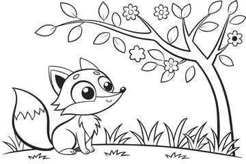 cute kawaii fox, some grass and a tree, coloring book