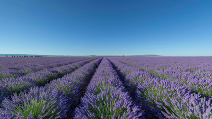 Lavender fields in full bloom under clear blue sky create serene landscape