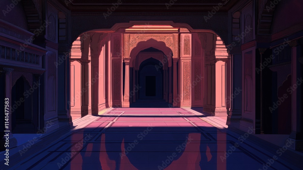 Poster a serene corridor illuminated by soft light, showcasing intricate architectural details.