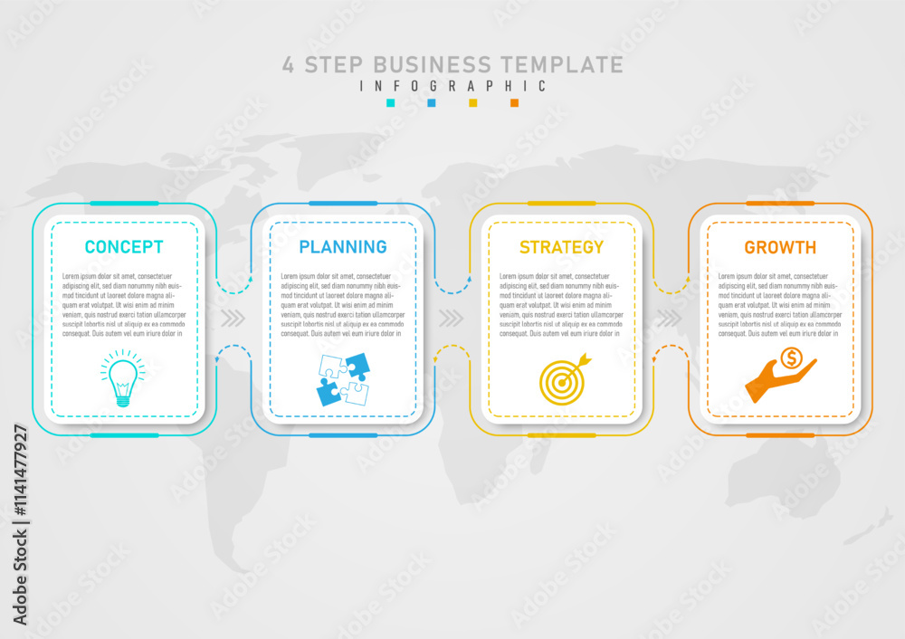 Wall mural 4 step business planning infographic template white square and dotted line middle text below are mul