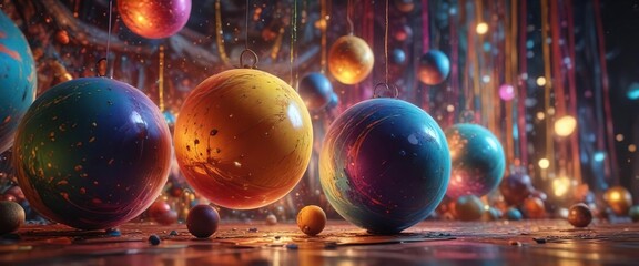 Radiant orbs suspended in a tapestry of colorful chaos, kaleidoscope, paint, radiant glow