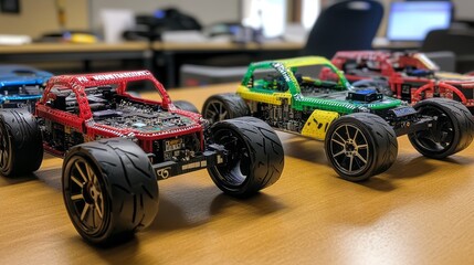 nventive kids learn at home by coding robot cars and electronic board cables in STEM. constructing robot cars at home