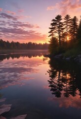 Fototapeta premium Reflections of sunset on a serene lake in Cleveland, calm, Ohio, sky