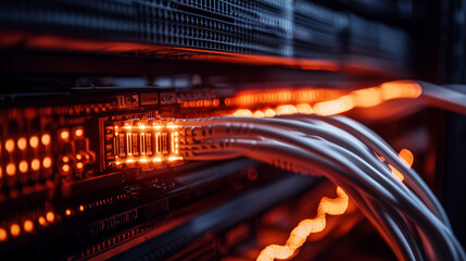 Obraz premium Closeup of server rack with white cables. 