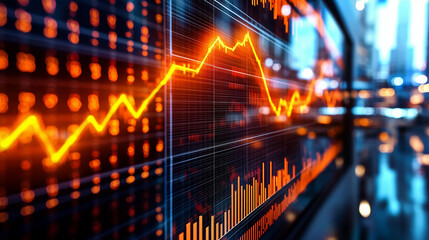 Dynamic stock market graph displaying financial trends and growth, showcasing data visualization in a modern urban setting.
