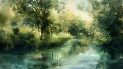 Tranquil Brushstroke Landscape with Flowing River and Swaying Trees under a Pastel Sky