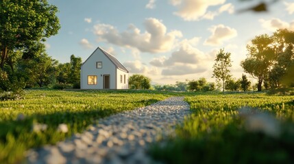 Obraz premium A serene house nestled in a lush landscape with a winding path under a bright sky.