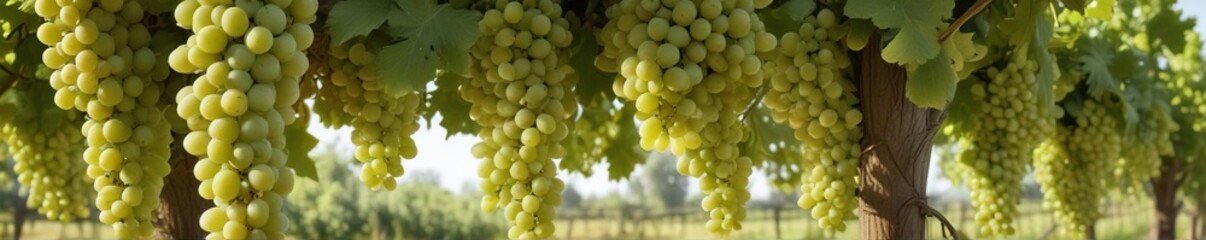 Rows of lush white grapes hanging from the vine , growing plants, white grapes