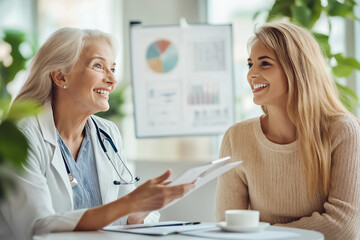 Doctor happily sharing positive medical results with a patient in a bright office. Generative AI