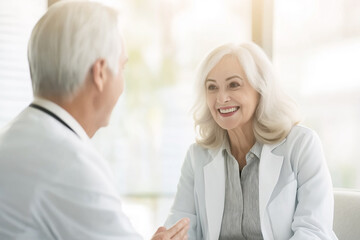 Obraz premium Doctor shares uplifting medical results with a delighted elderly patient. Generative AI