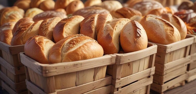 Row of wooden baskets filled with fresh bread loaves , rustic, wooden, wicker