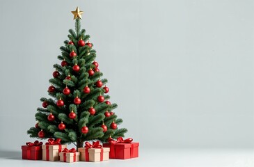 Office Christmas tree, decorated with red balls; boxes with gifts lie under the Christmas tree, boxes are decorated with red ribbons.