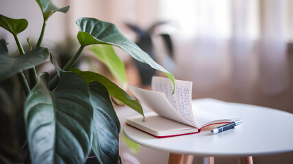 Healthy green plant on white table with small notebook and pen, symbolizing health advice and wellness tips, clean and focused image with copy space for text.