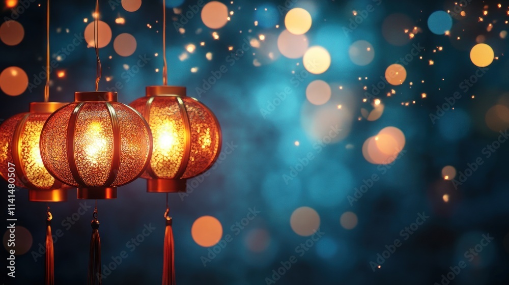 Poster a serene image of glowing lanterns against a bokeh background, evoking celebration and warmth.