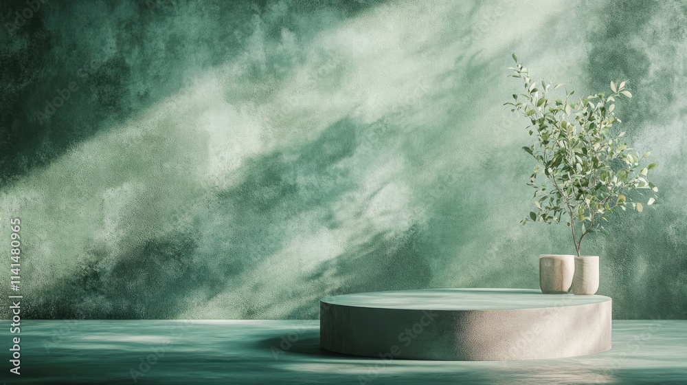 Poster a serene indoor space featuring a minimalist design with a plant on a circular platform.