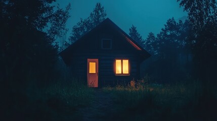 Cozy wooden cabin in dark forest illuminated by warm golden light at night