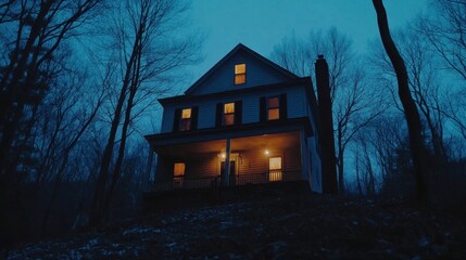 Spooky House at Dusk with Illuminated Windows in a Forest Landscape