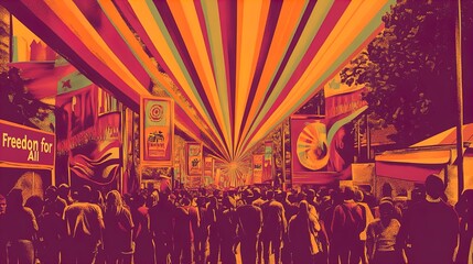 Obraz premium capturing the spirit of unity: a vibrant street festival with 'freedom for all' banners - perfect for inspiring sports interior decor or event promotion!