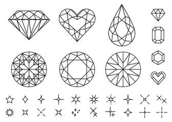ブリリアントカットのダイヤモンドとキラキラの線画イラスト　ベクター素材　挿絵	