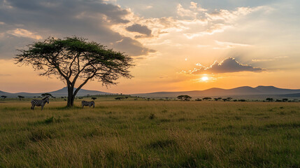 Obraz premium Majestic zebras grazing under an acacia tree at sunset in the African savanna