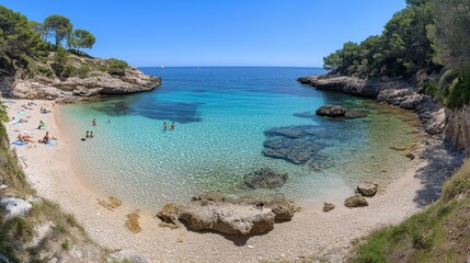 Fototapeta premium Tranquil Seaside Cove with People Enjoying a Sunny Summer Day