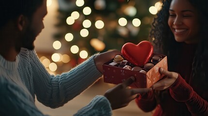 A joyful couple exchanging a beautifully packaged box of heart-shaped chocolates in a cozy, softly lit setting.