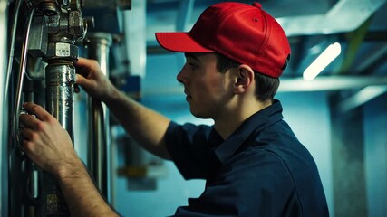 A man in a red hat and blue shirt is fixing a pipe
