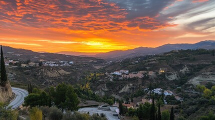 Scenic Sunset Over Rolling Hills and Nature in an Idyllic Landscape
