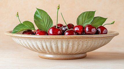Bowl with sweet cherries and leaves on beige background
