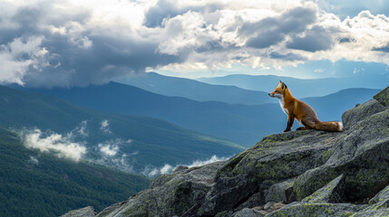 Fox perched on rocky mountain ledge overlooking expansive valley under cloudy sky